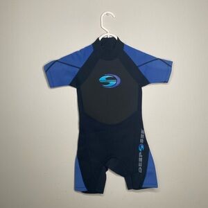 Deep see kids scuba diving wetsuit blue/black short sleeve size M 100% nylon